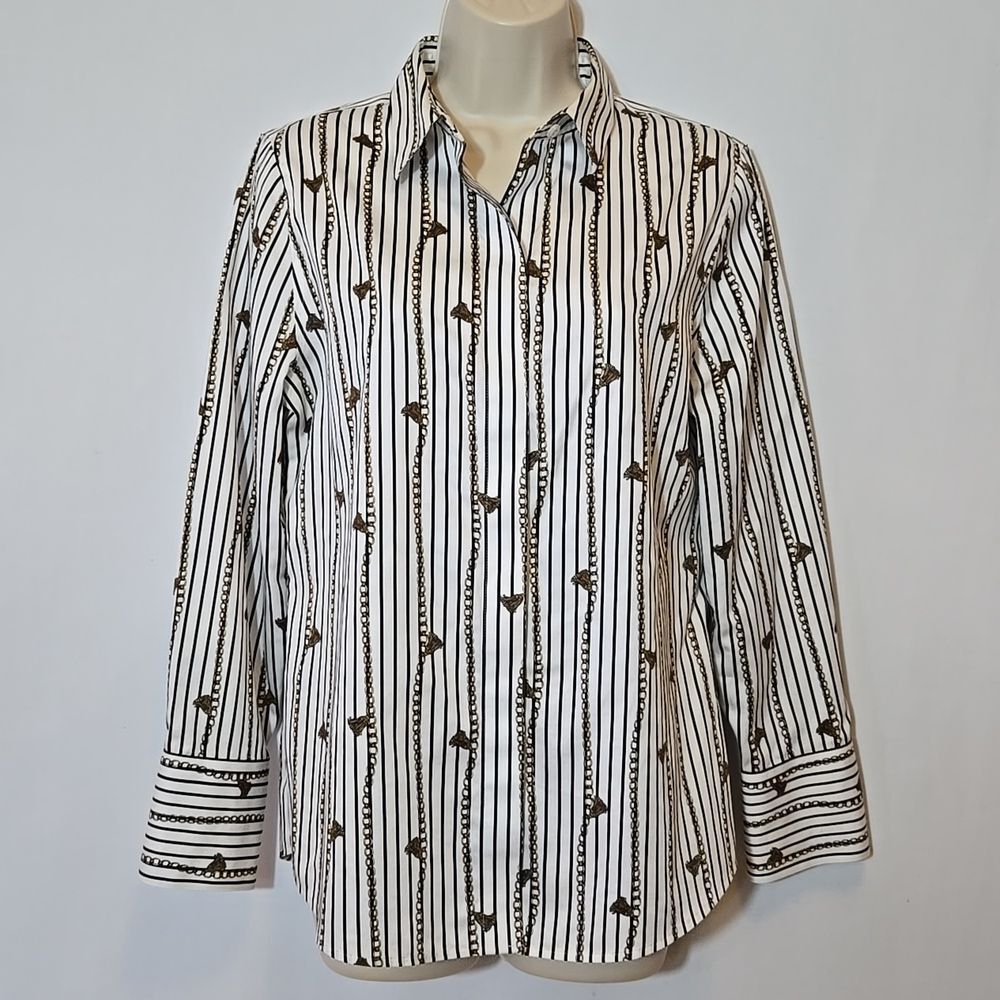 Chico's No Iron Striped Chain Tassel Button Up Shirt Old Money Size S 6
